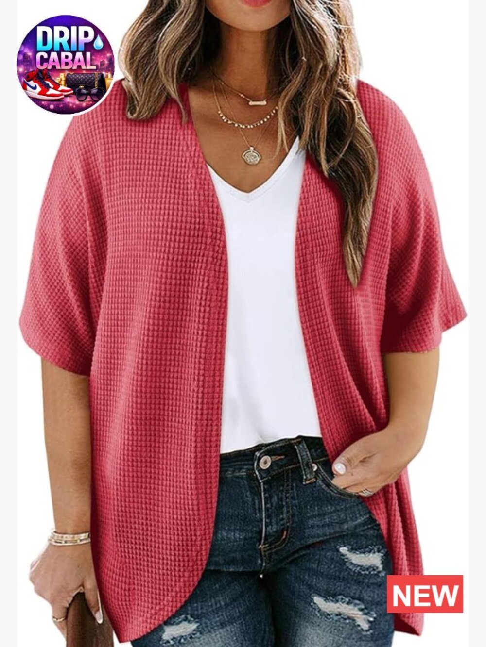 Plus Size Short Sleeve Waffle Knit Kimono Cardigan Open Front